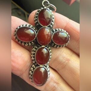 Sterling 925 Silver Cross Pendant with Carnelian Stones